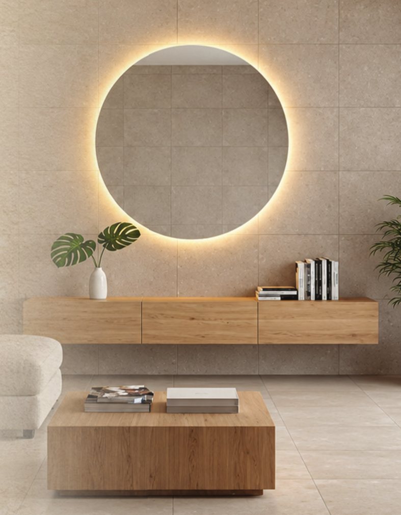 Banheiro com porcelanato e espelho iluminado